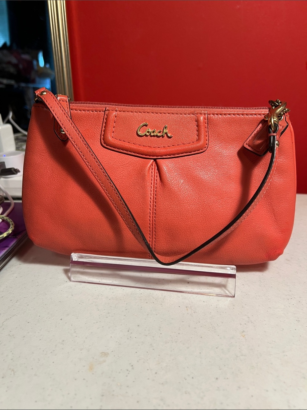 Coach Coral Orange Leather Wristlet with Gold Hardware